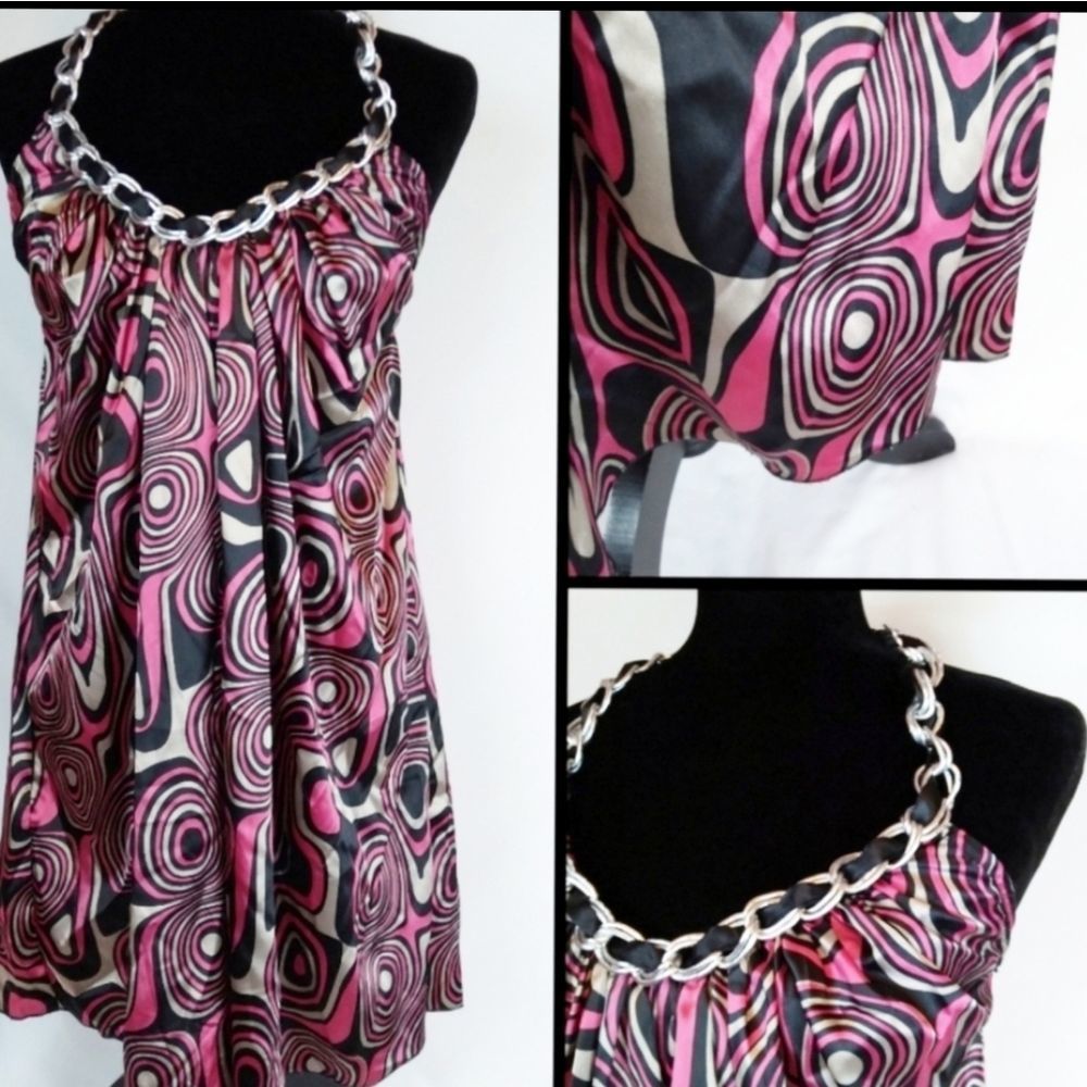 Aziz halter chain strap dress pink/black size M